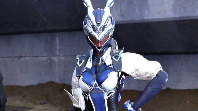 A man in a bunny-themed cybernetic suit stares into the camera with his hands on his hips.